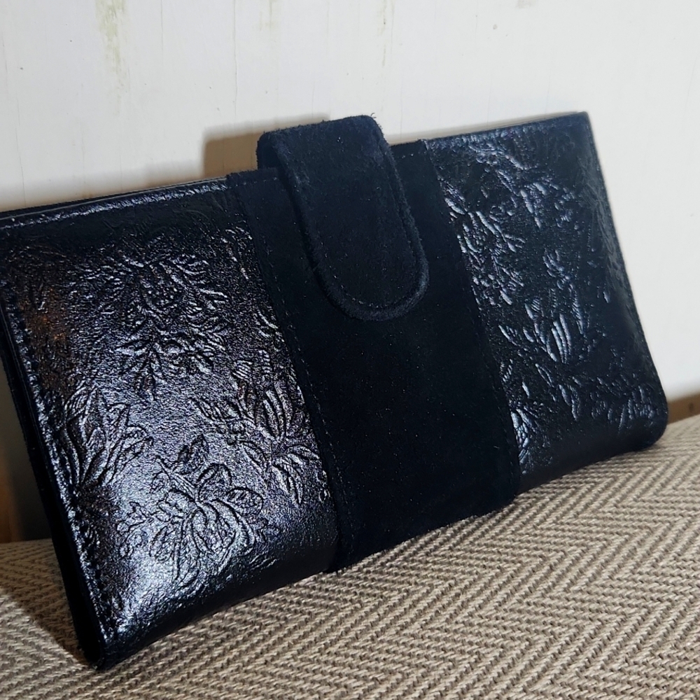 Black Suede Floral Embossed Checkbook Cover